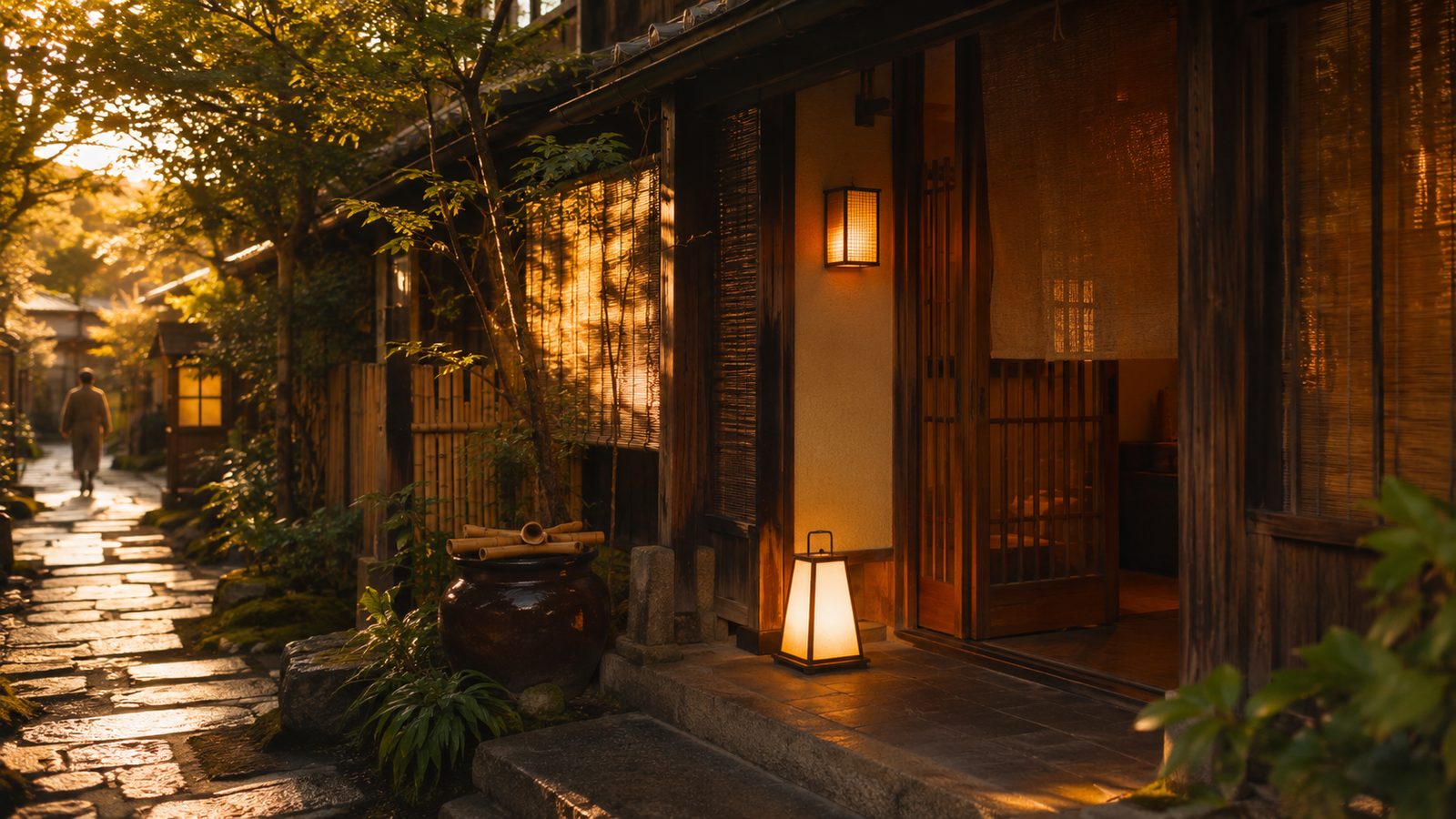 夕景に佇む和の宿のたたずまい